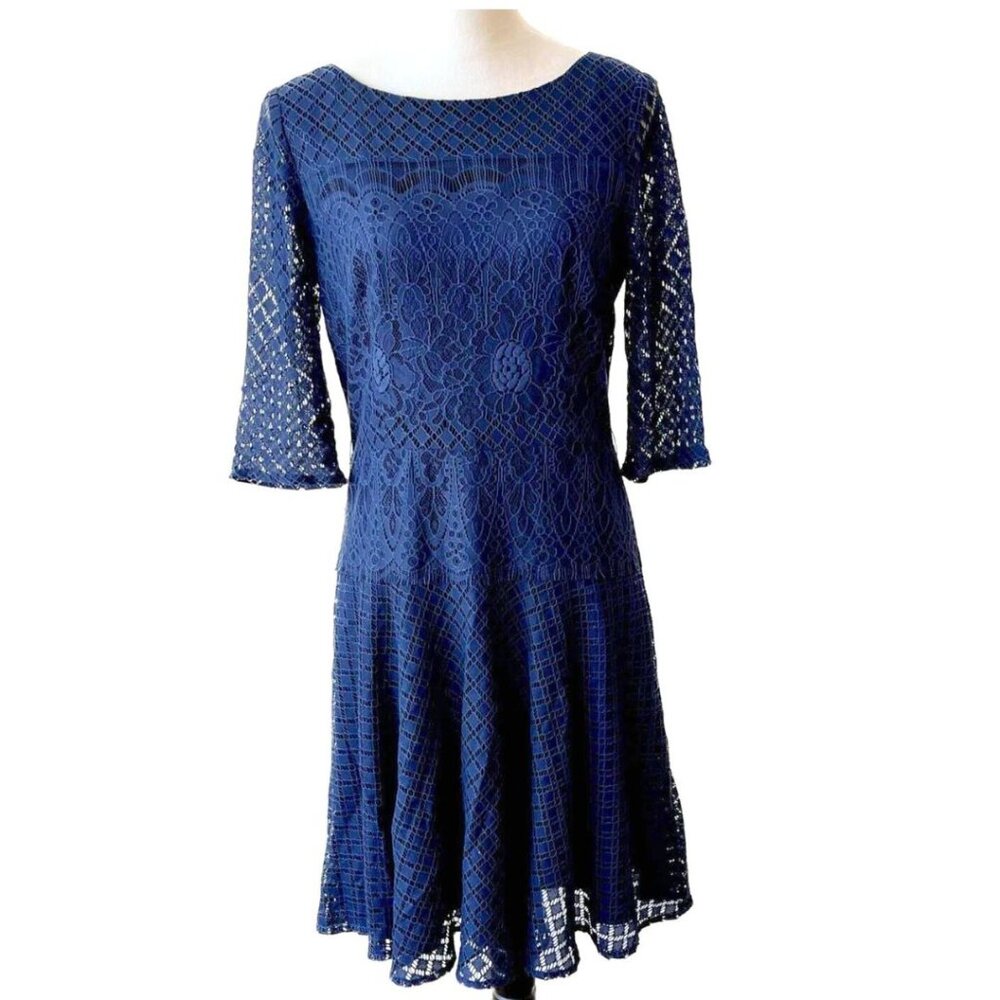 Tahari ASL Navy Lace 3/4 Sleeve Cocktail Dress Sz 6